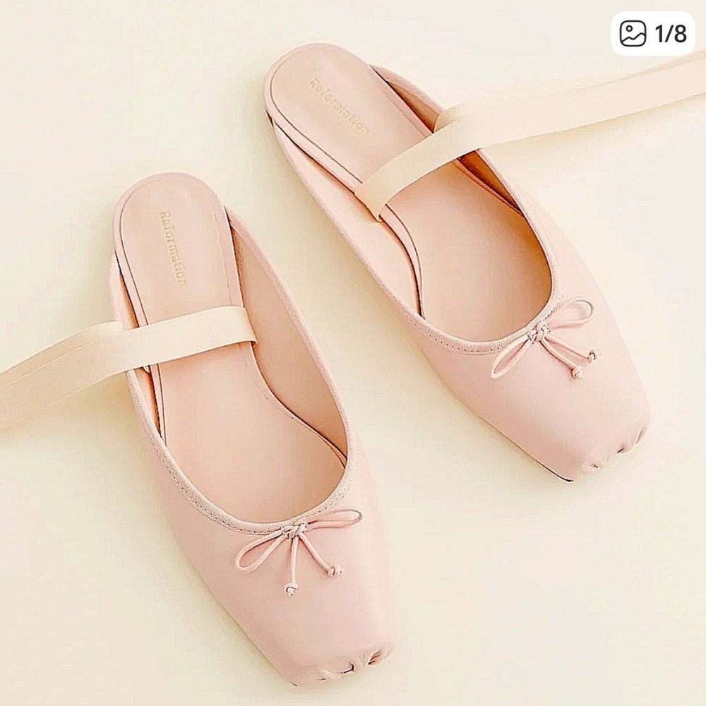Reformation Pink Ballet Slip-On Ribbon Megan Powder Pink Lace Up Ballet Flats 7 - Picture 3 of 7